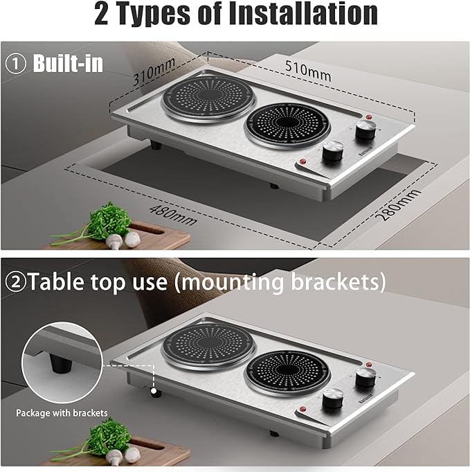 The electric hob has 2 heating zones, the upper plate up to 1600 W and the below plate up to 1000 W. The high power makes it easy to cook 2 types of food at the same time. Our products have passzd ETL Certification making it durable and safe to use.