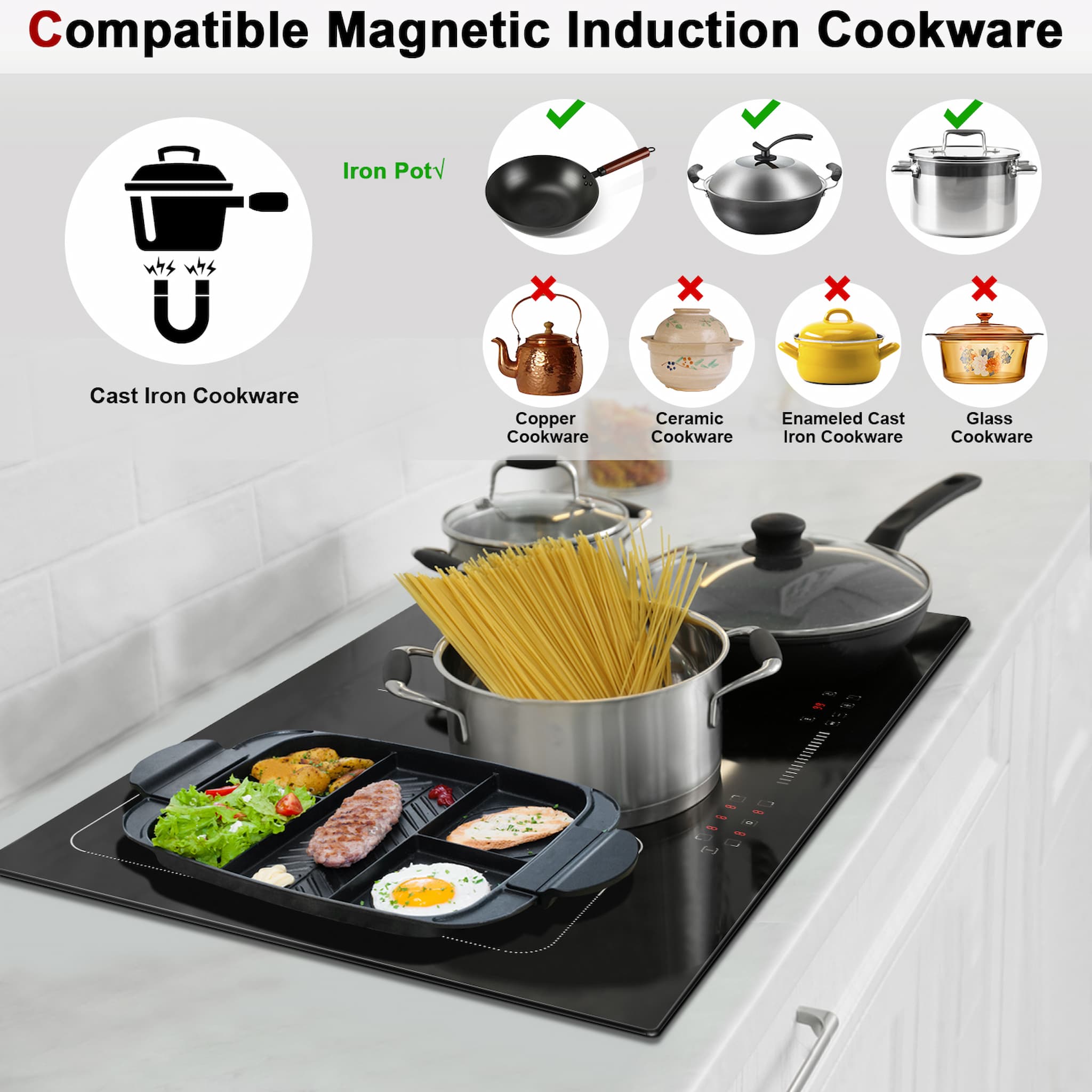 1. When you use the flex zone, please make sure the pan is centered on the two areas and they cover both crosses in the middle of homes, otherwise the electric cooktop will stop heating, because of the undetected utensils.