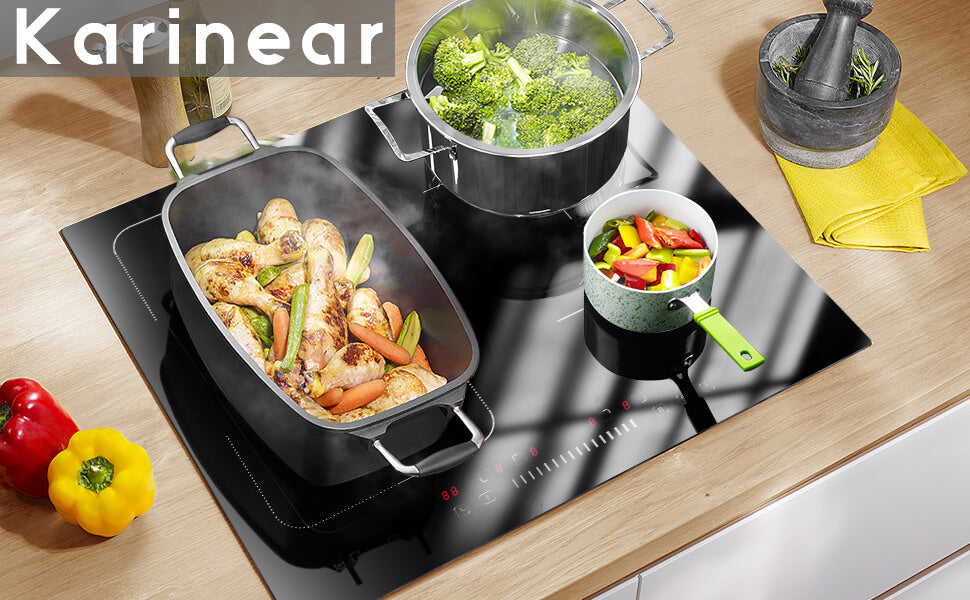 4 burners induction cooktop with a total power range of 300-2400W, 4 cooking zones for fast cooking.