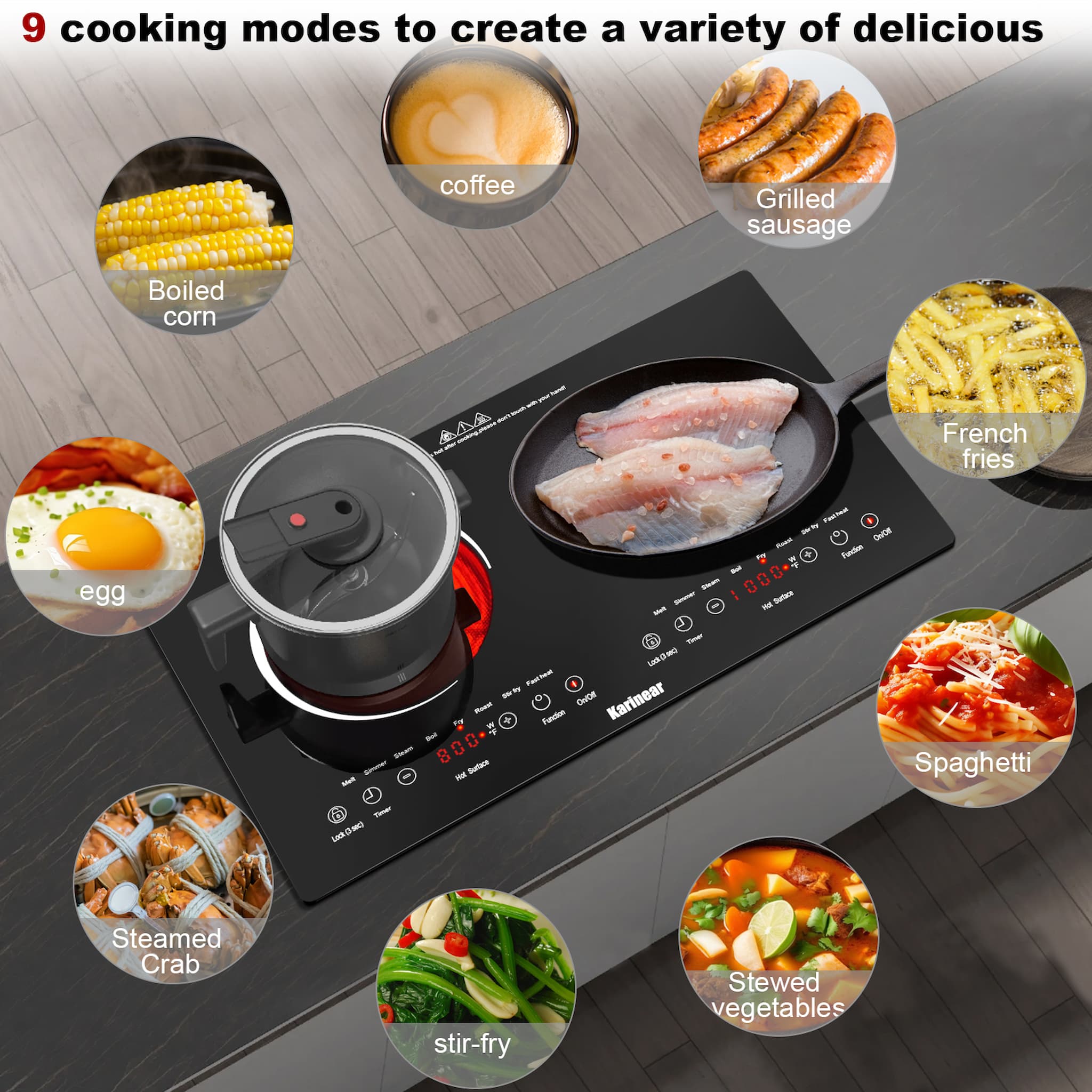 he heating area adopts high-efficiency electric heating technology, with fast heating speed and remarkable energy-saving effect. There are 5 burner that you can use them simultaneously to complete the cooking.