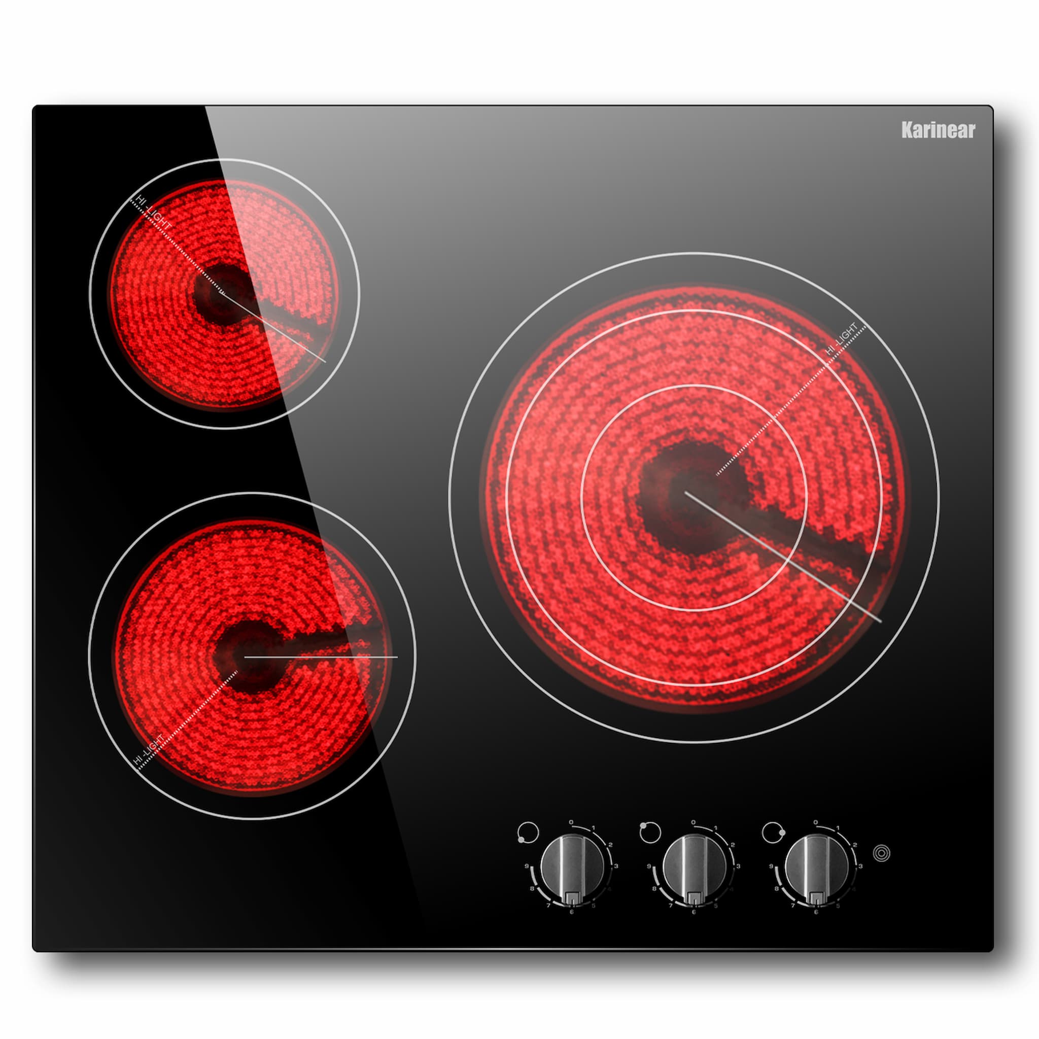 Karinear 24'' Electric Cooktop 3 Burners Ceramic Cooktop, Built-in Electric Stove Top Knob Control, Hot Warning, Over-Temperature Protection, 9 Power Setting, 220-240v, 5700W, Hard Wire (No Plug)