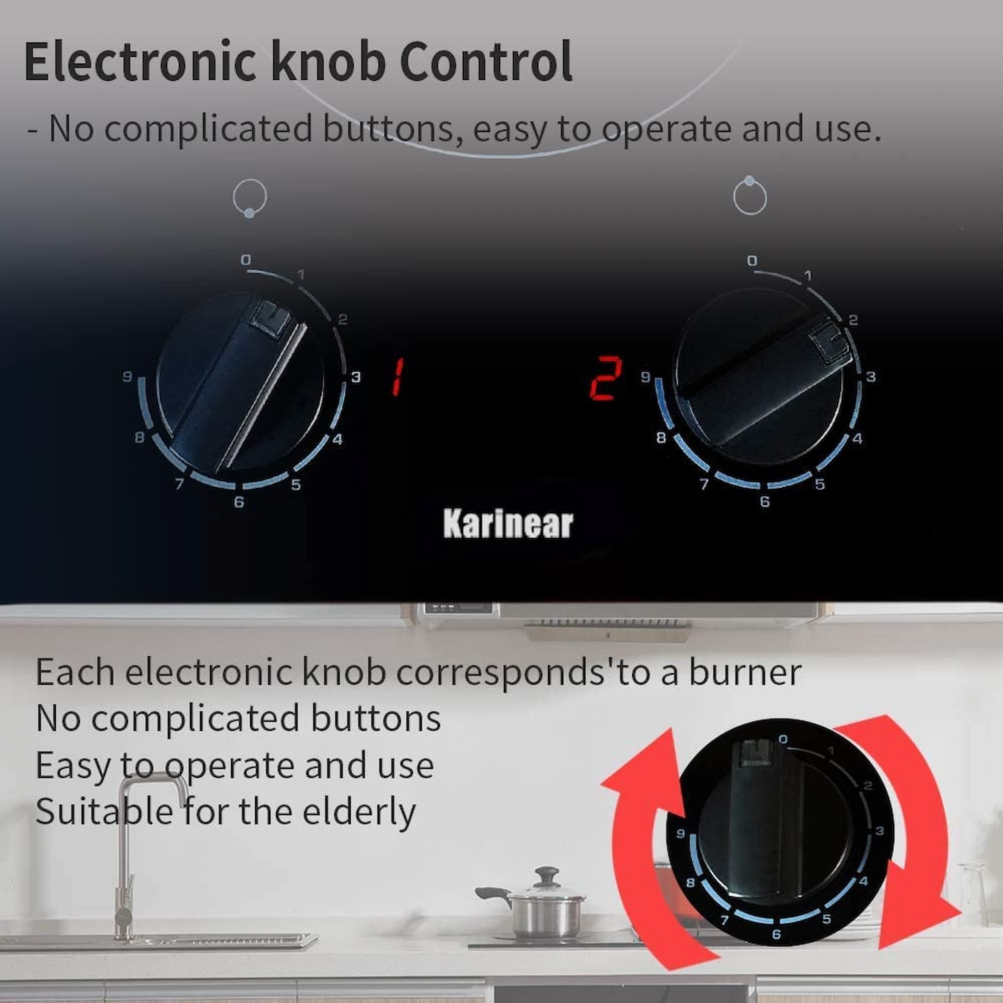 【 Knob Control Ceramic Hob 】No complicated buttons, easy to operate and use. The 12 inch electric cooktop is very suitable for the elderly, suitable for people with poor eyesight, not only it is easy to use, but the feeling of rotating the button by hand is more reliable. With electronic knob, our 12" electric cooktop can prevent children or Family pets, cats from accidentally touching the switch button, which is safer than touch screen button.