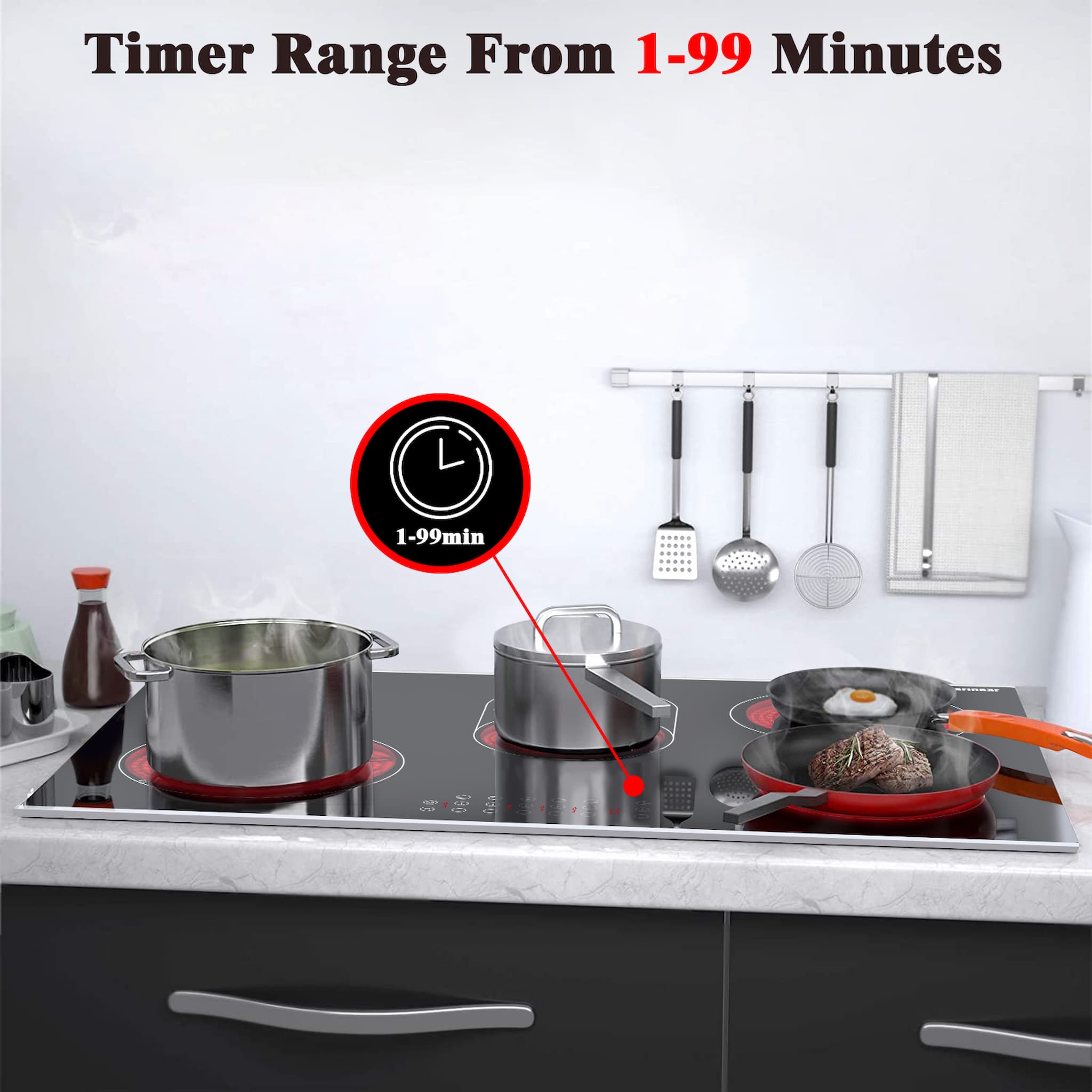 The 30 inch built-in radiant electric stove top is equipped with a 1-99 minute timer.