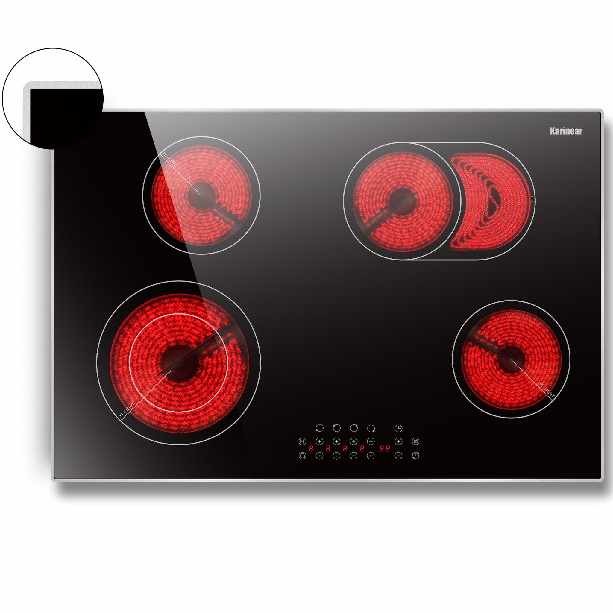 Karinear 30 Inch Electric Cooktop 4 Burners, Built-in Electric Stove top with Glass Protection Metal Frame, Expandable Burners, Multi-function Electric Ceramic Cooktop, 220-240v Hard Wire, No Plug