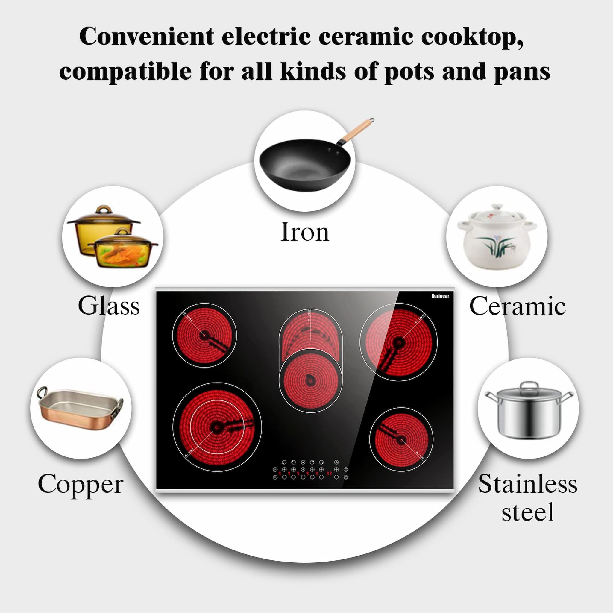One advantage of this electric radiant cooktop is that we have front and back metal frames, which can prevent glass breakage, effectively increase the life of the glass cooktop.