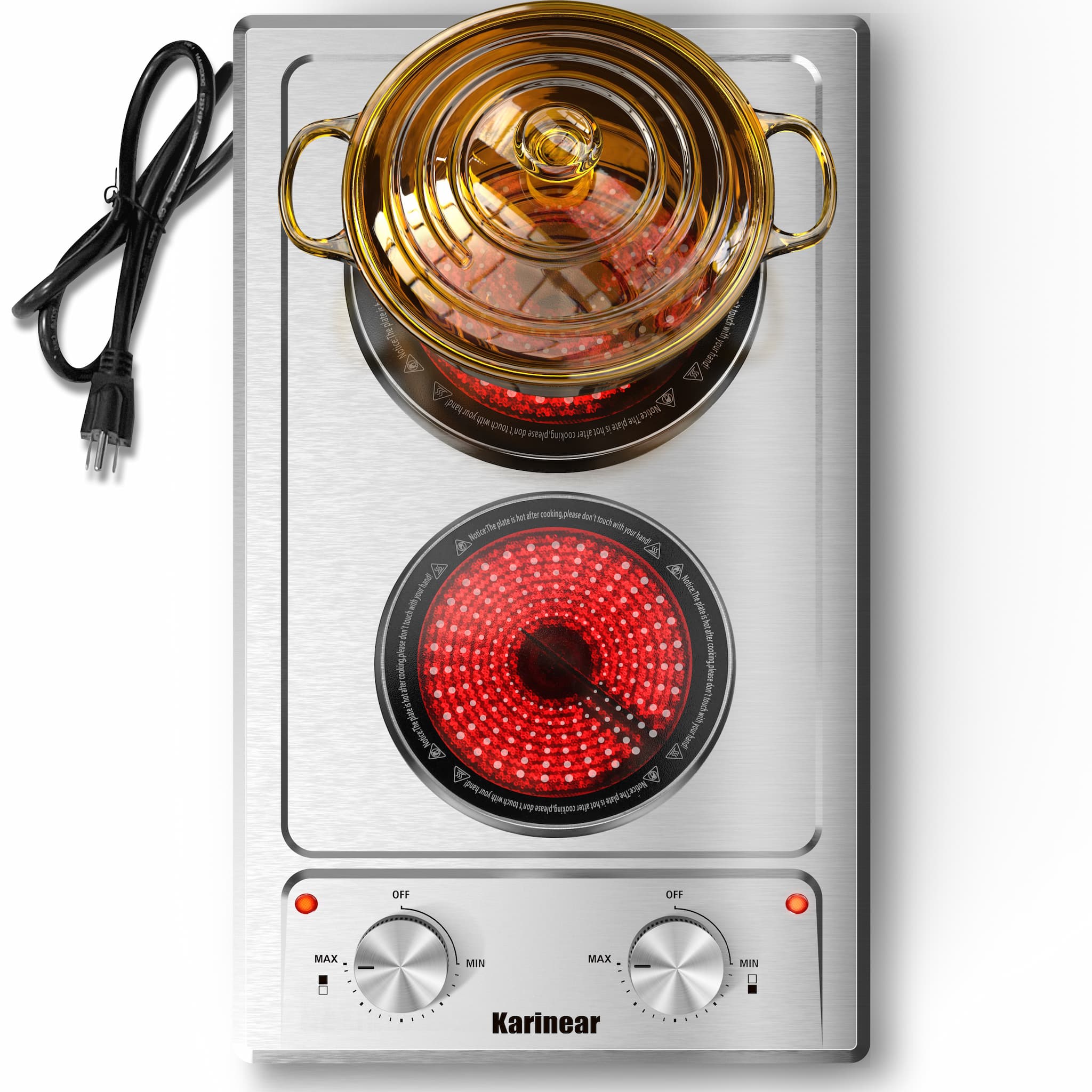 Karinear Electric Cooktop 110V, 12'' Stainless Steel Built-in and Countertop Electric Stove top 2 Burners with Knob Control, 16 Power Levels,Over-Heat Protection, Electric Ceramic Cooktop with Plug in