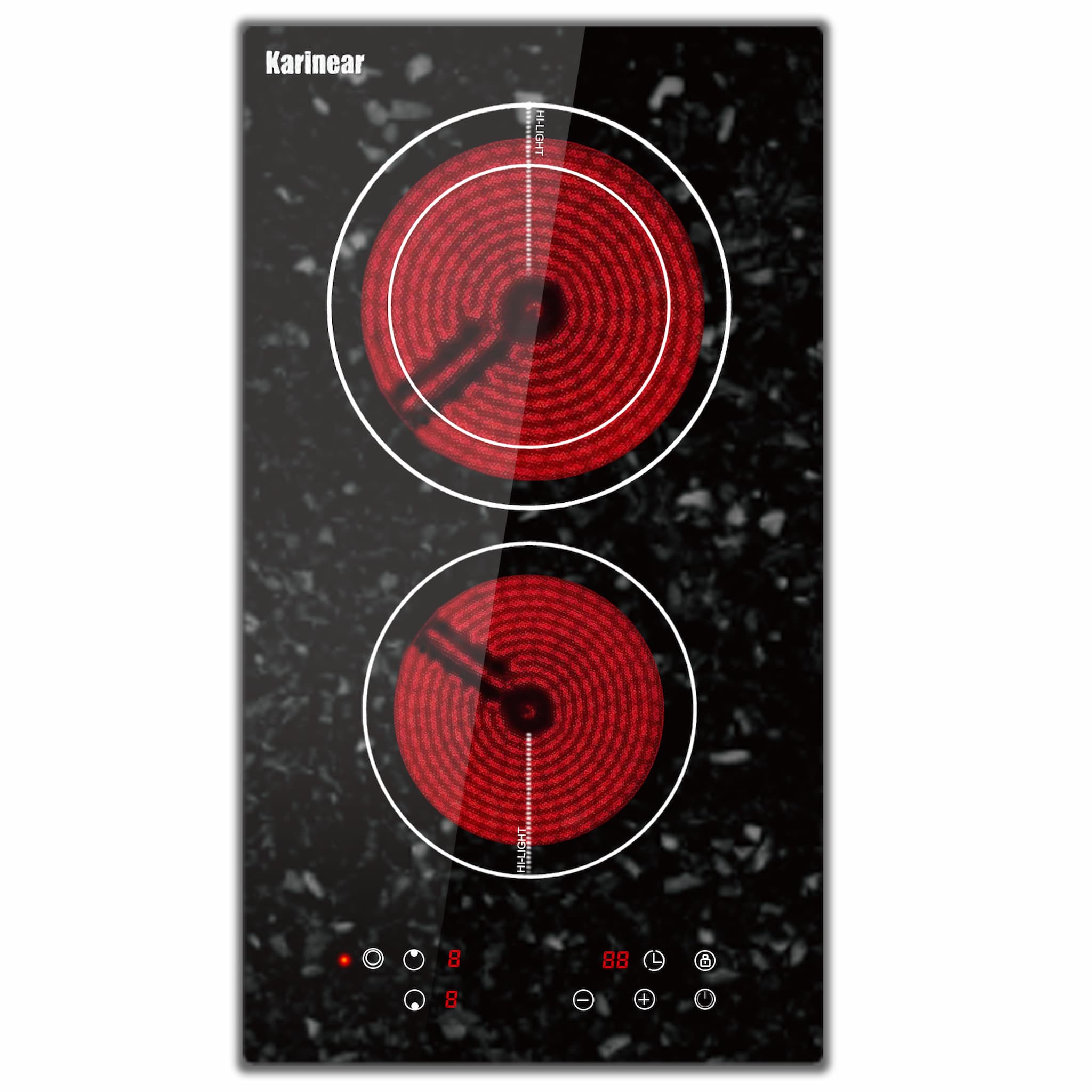 Karinear Electric Cooktop 2 Burners, 12'' Drop-in Electric StoveTop with Marble Patterned Surface, Ceramic Cooktop with Child Lock, Timer, Hot Surface Indicator,3200W,220-240v Hard Wired,No Plug(LH07)