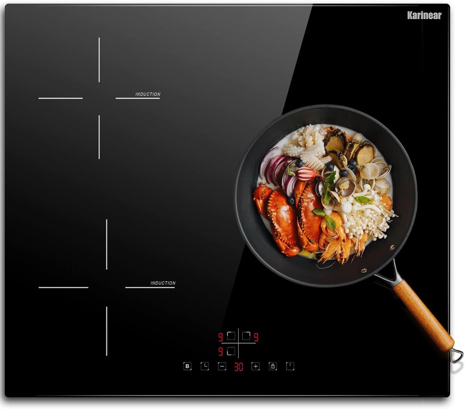 Karinear induction hob 60 cm Built-in 3-zone electric hob with touch control and boost function, black glass, hardwired, no plug included