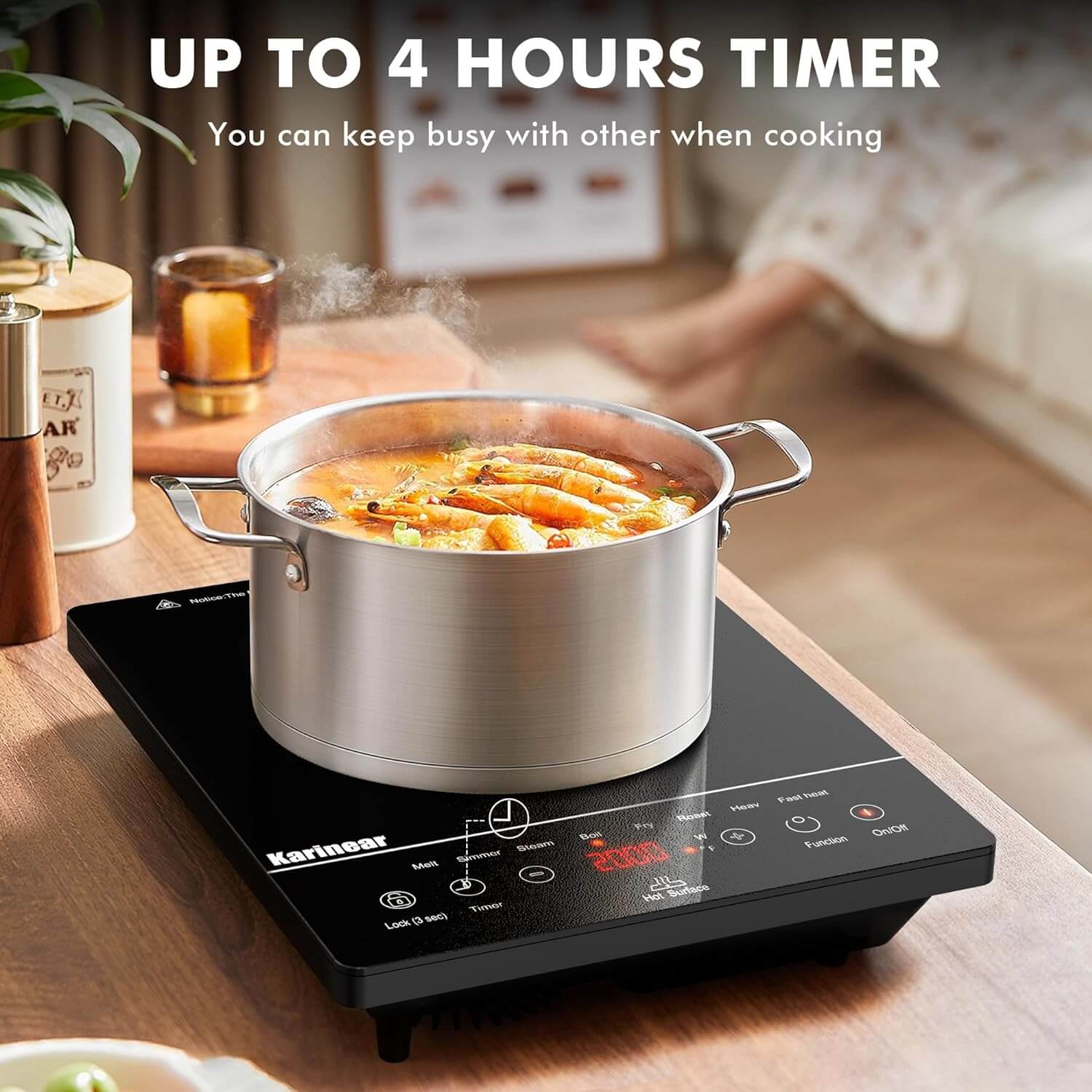 Karinear Portable Ceramic Hob for ALL Cookware, Pulg in Single Electric Hob with 4-Hour Timer, 9 Power Levels Up to 2000W, 8 Pre-set Functions Touch Sensor...