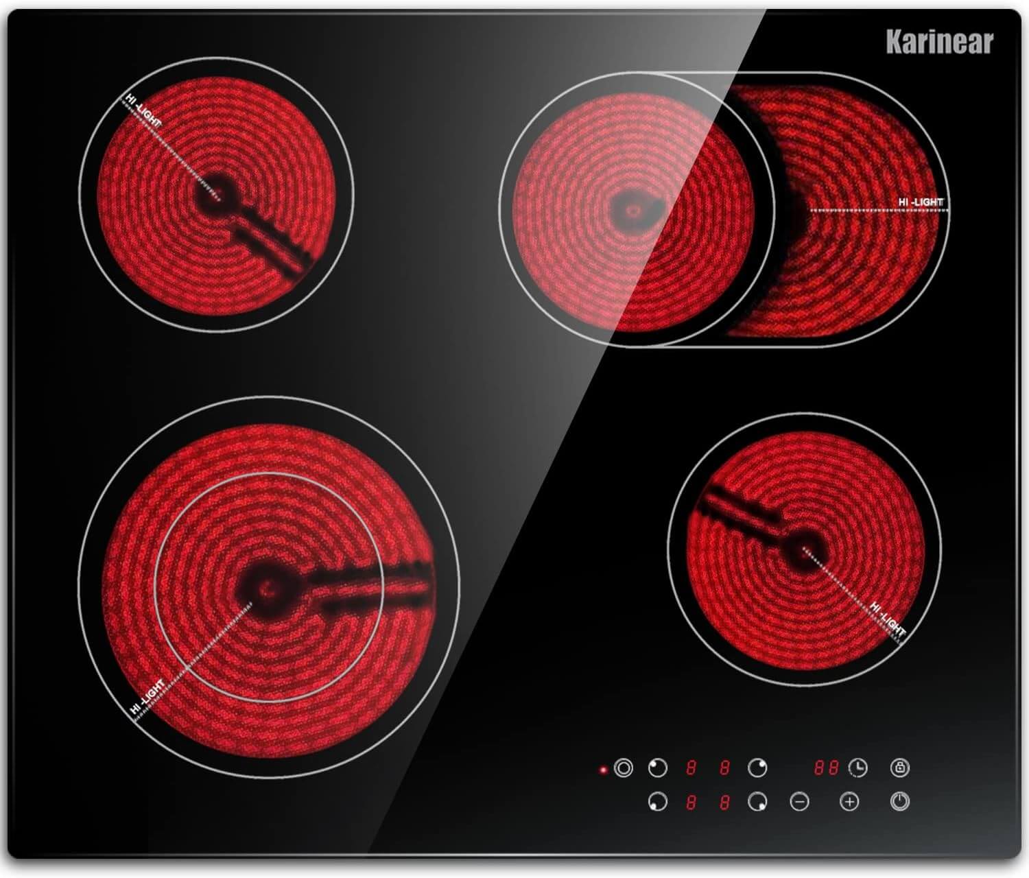 Karinear built-in glass ceramic hob, 4 hobs, with double pull-out zone, integrated electric table with touch control, timer, lock for children, 6600 W