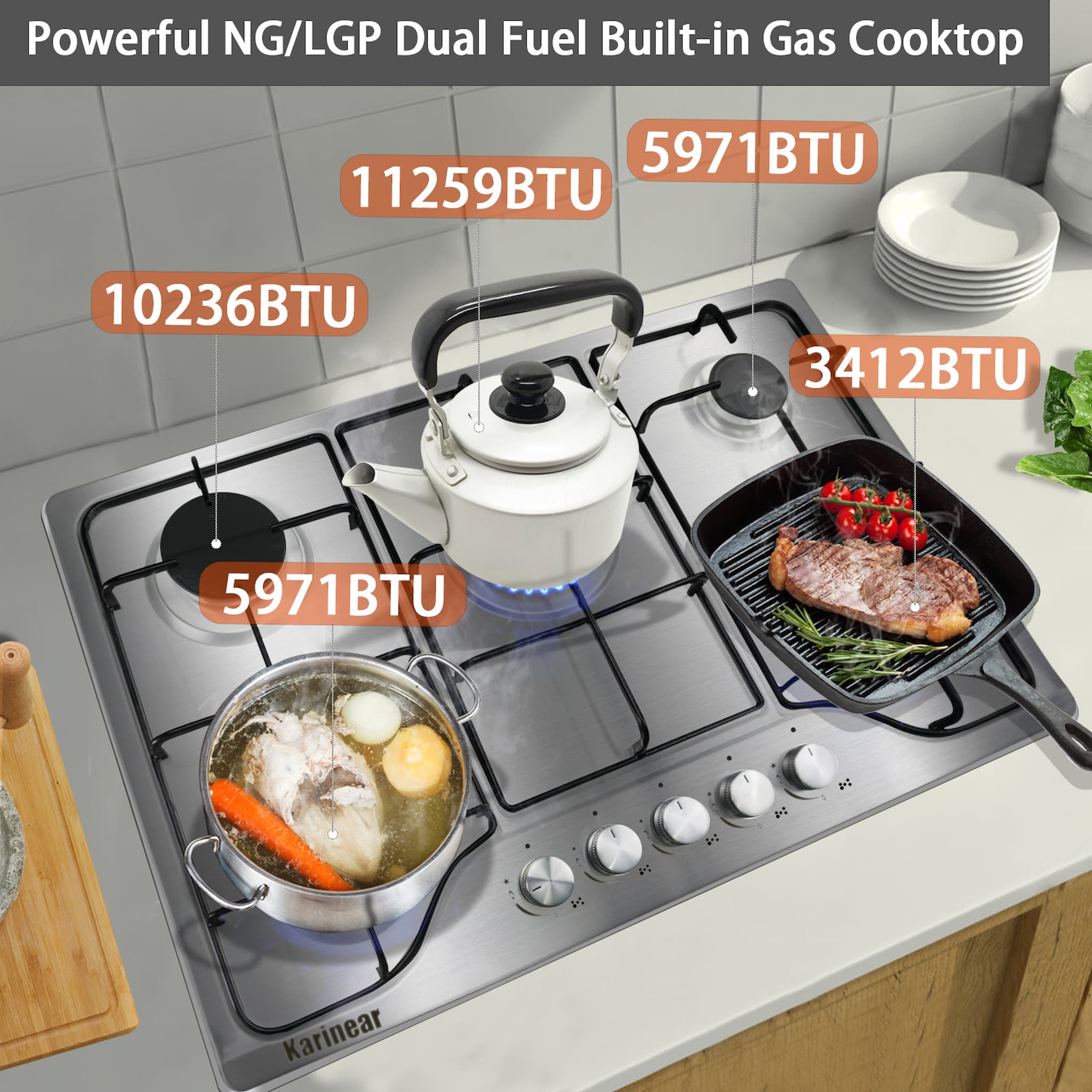 Natural Gas Propane Cooktop Dual Fuel for Apartments, Indoor (Come with Pressure Regulator)