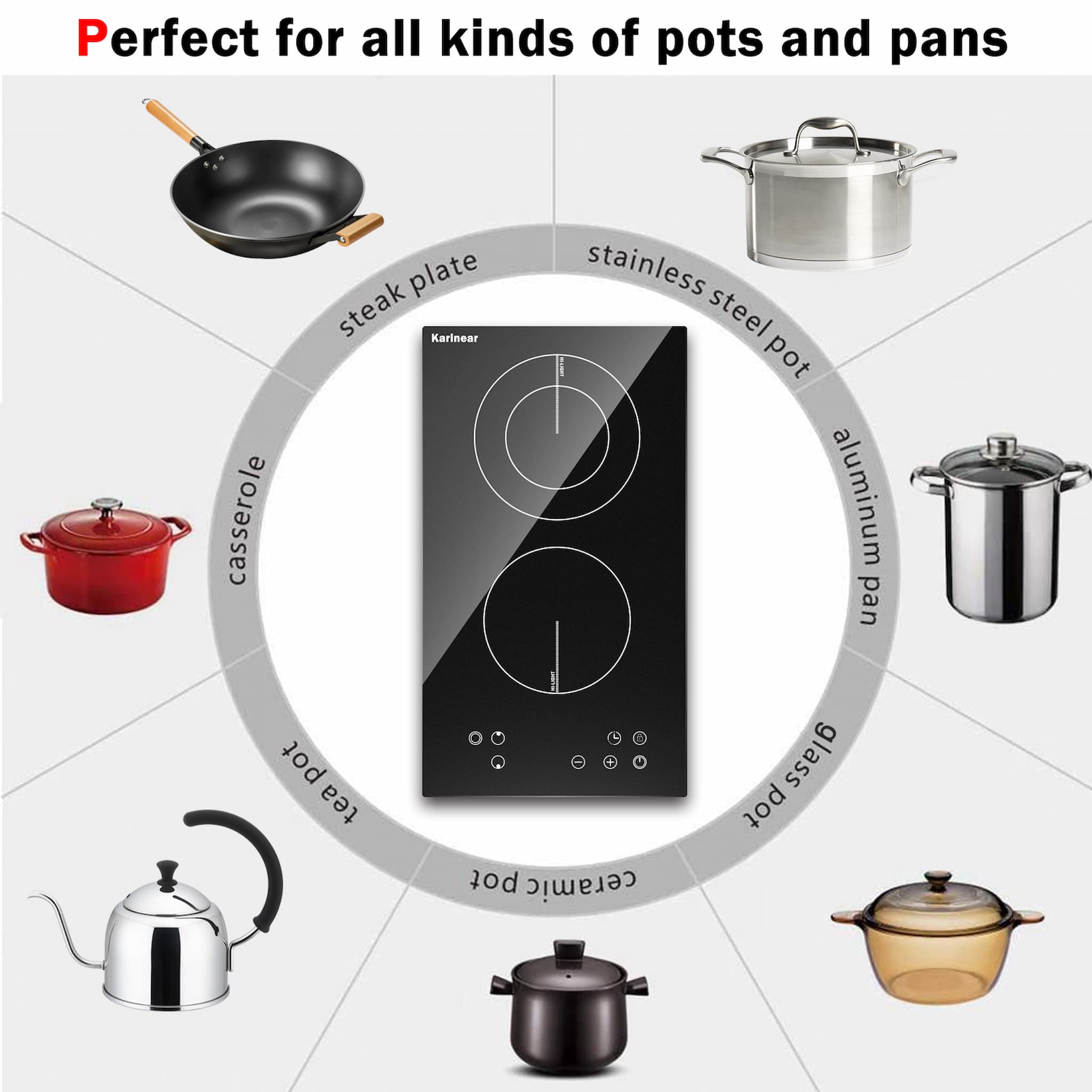 The ceramic hob is convenient that is suitable for variety of cookware, such as aluminium, stainless steel, ceramic, glass pot, copper, cast iron and so on.