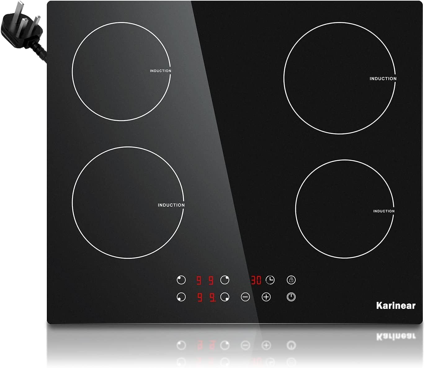 Karinear Plug in Induction Hob, 4 Zones Electric Hob 60cm, with Touch Control & Child Safety Lock, Black Crystal Glass
