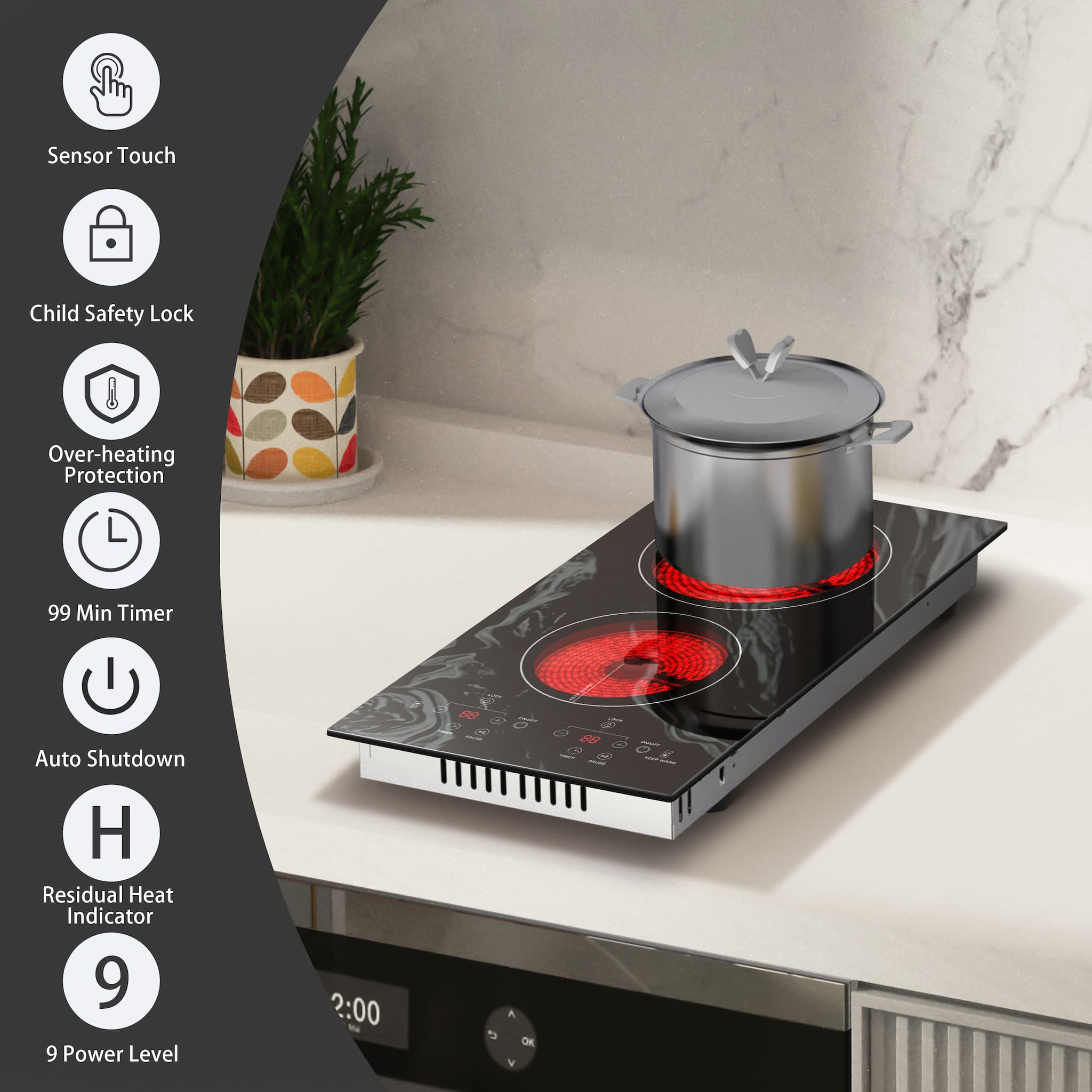 Electric Cooktop - 2-Burner Ceramic Glass, 120V