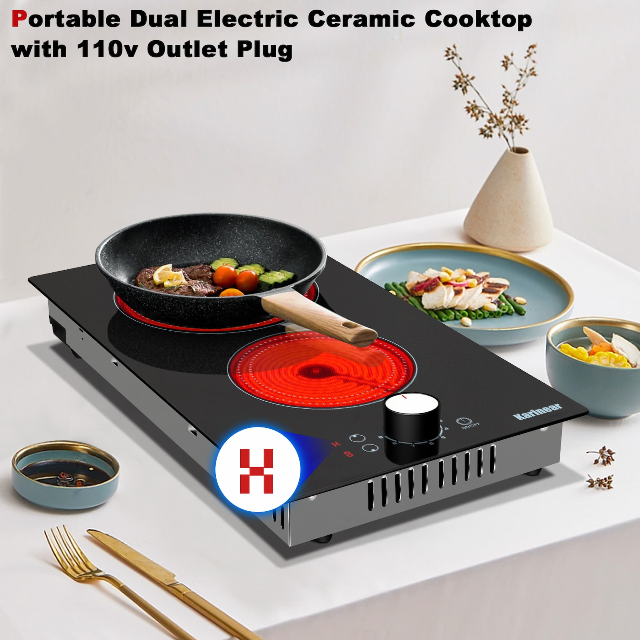 Cooksir Portable Electric Cooktop 2 Burner, 110V Plug in Electric Stovetop  with Protective Full Metal Edge, 12 Inch Countertop & Built-in Ceramic