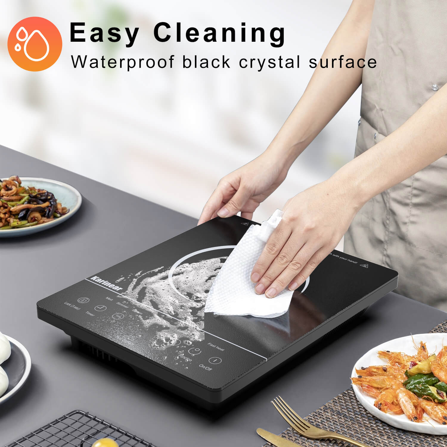 The surface of the electric stove is made of smooth glass, which is very easy to clean, requiring only a wipe with a damp cloth.