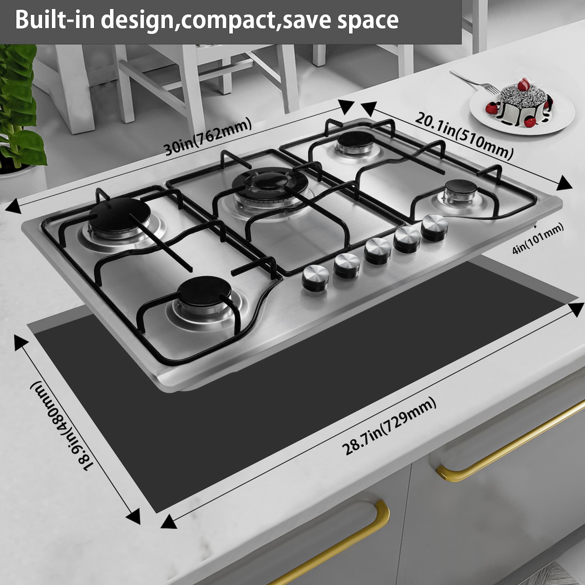 This 30'' propane cooktop is built-in design, compact shape, saving more space.Made of smooth stainless steel, the 30'' gas cooktop is sturdy and durable with a stylish look.