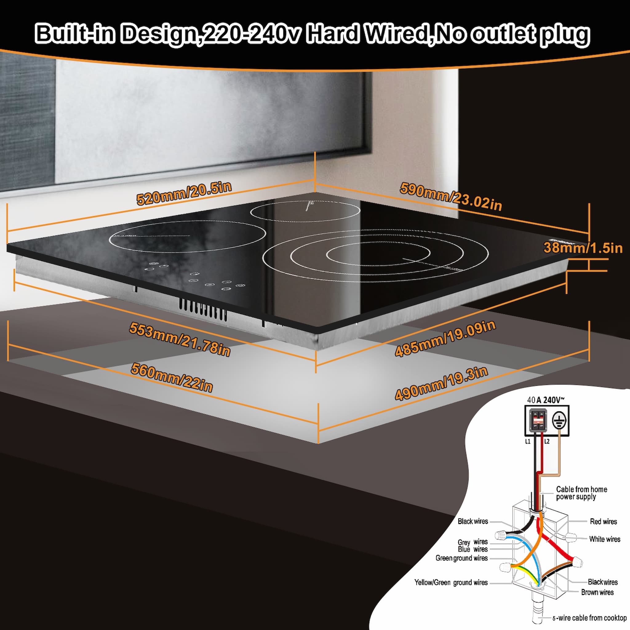 This high-power cooktop are required high voltage 220v-240v, fixed installation in the cabinet. Installation is simple, but if the customer does not know, you need to ask an electrician to help wiring.