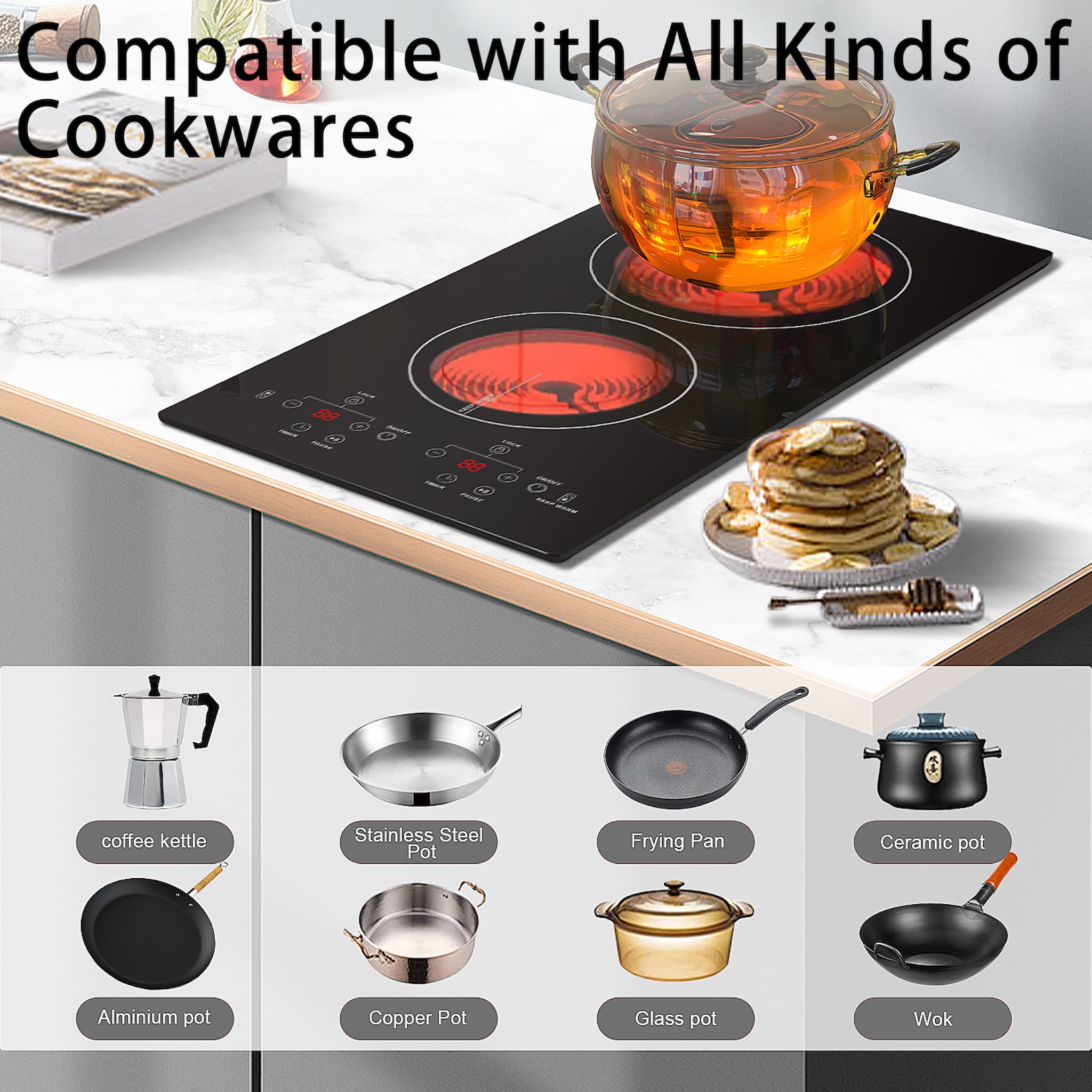 The built-in 12 inch 110v cooktop is a electric ceramic cooktop, which is very convenient that compatible with any cookware such as iron, aluminum, stainless steel, glass cookware and so on.