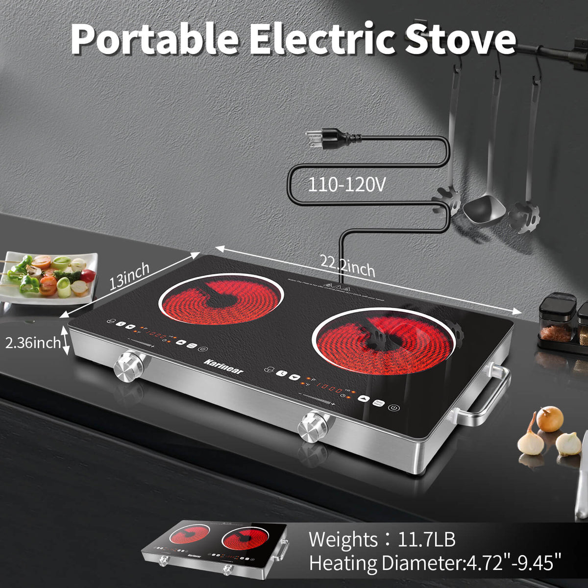 Karinear 24 Inch 2 Burner Electric Cooktop With Handle Knob Control