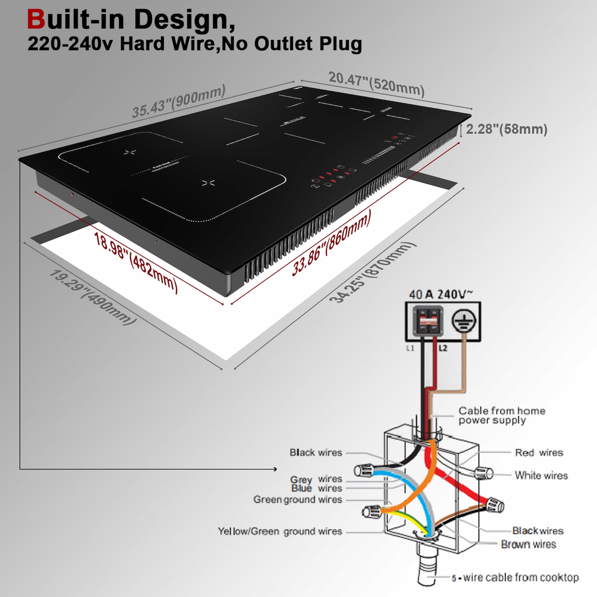 Tips: 1. 4 burner induction cooktops do not have plugs and require wiring by a properly qualified person. 2. Built-in induction cooker 220-240V hardwired, American homes are 110V, according to the wiring diagram we provide, you can solve this problem easily. 3. Please install it according to the product manual.