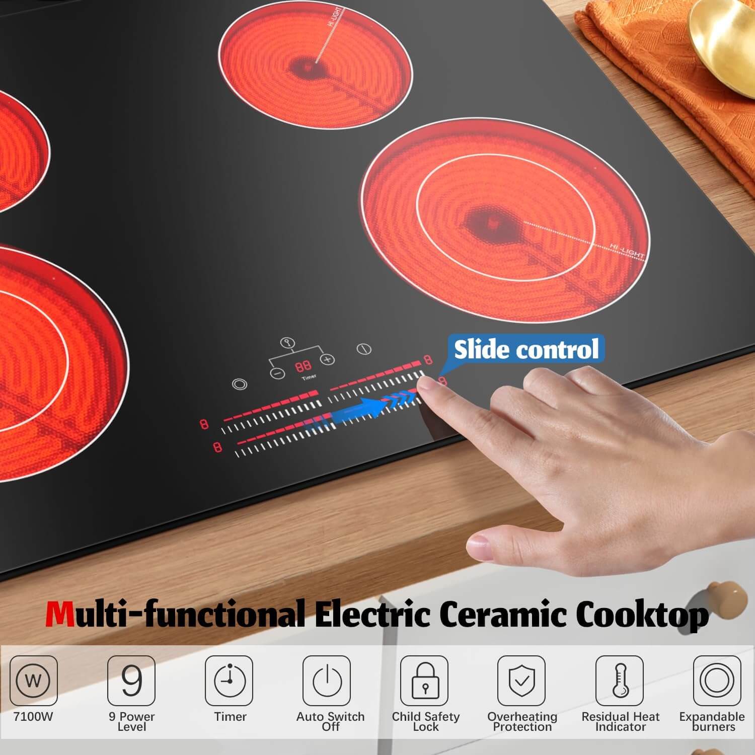 Karinear 30 Inch 4 Burner Electric Cooktop With Slide Control and Timer