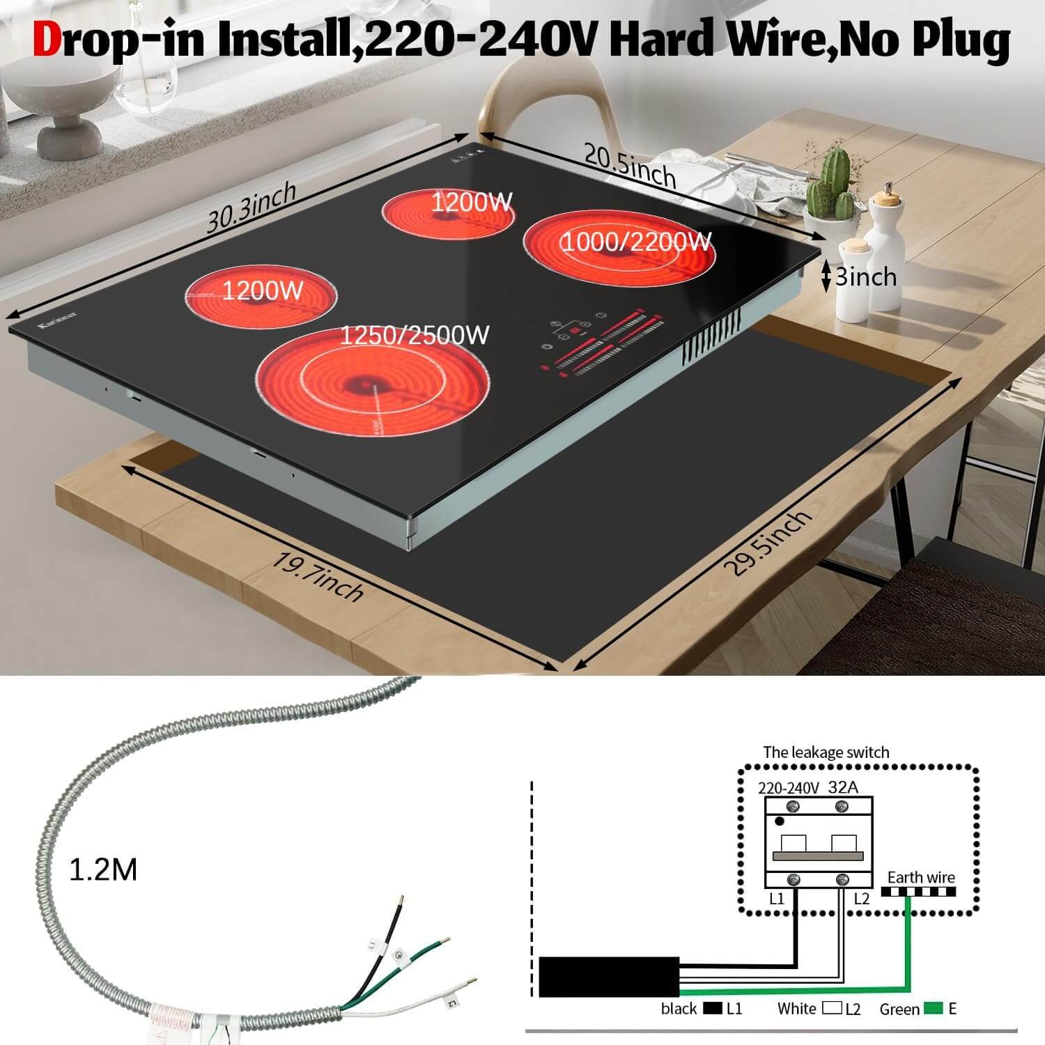 Karinear 30 Inch 4 Burner Electric Cooktop With Slide Control and Timer