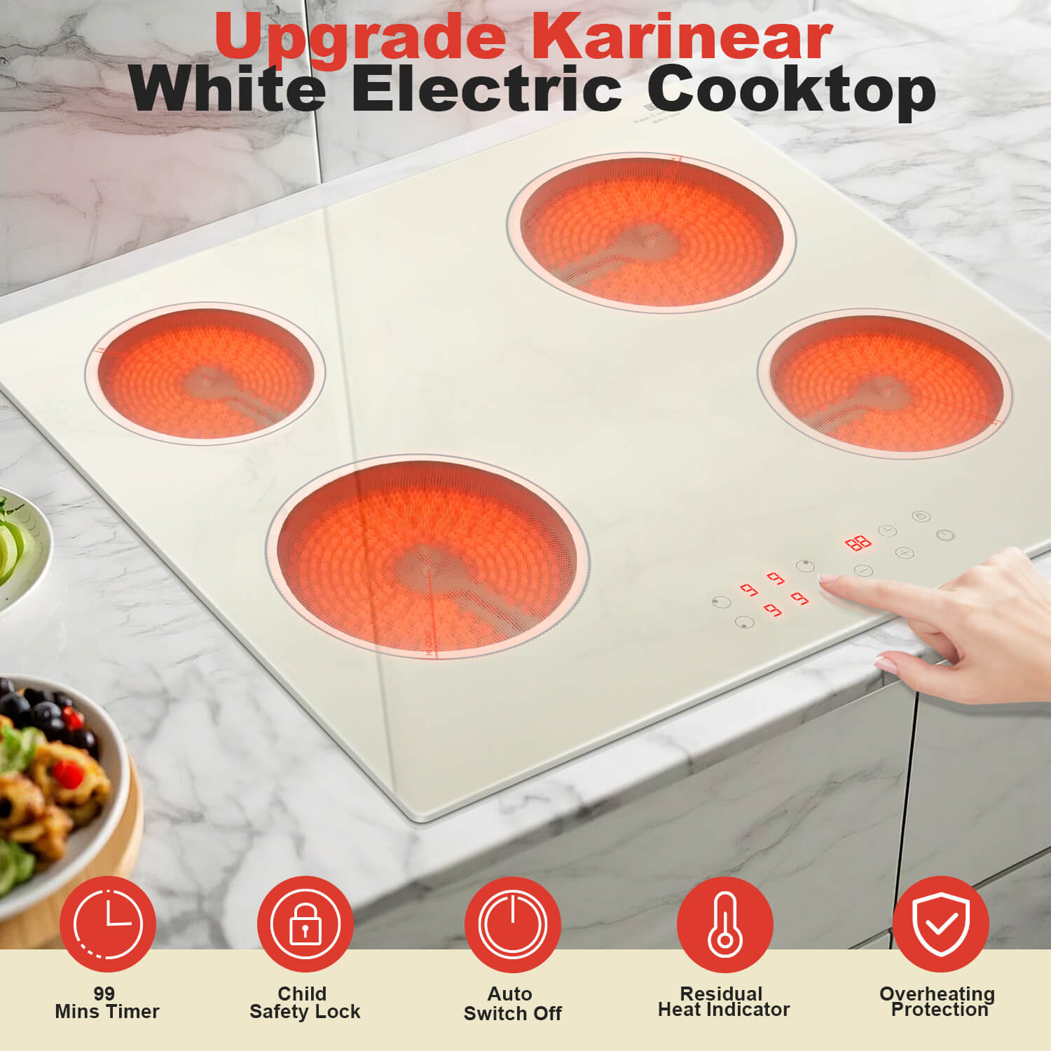 Karinear 24 Inch 4 Bunrer Electric Stove Top With Timer - Cream Color