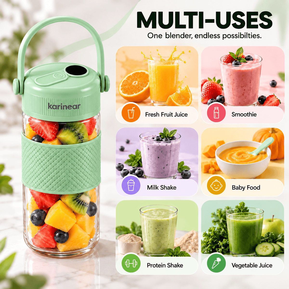 Karinear Portable Blender 24oz with 2-in-1 Straw & Chug Lid (Green)