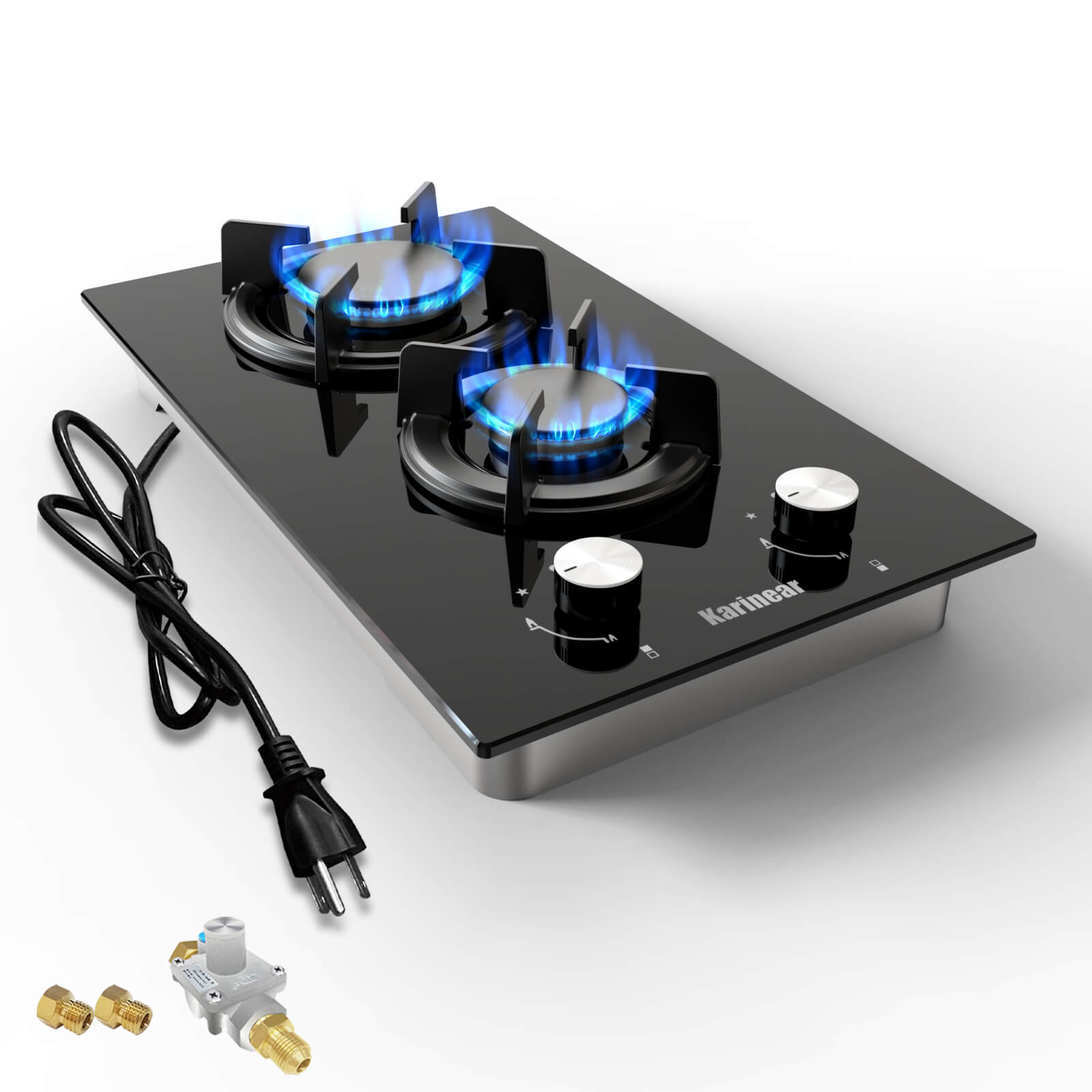 Karinear Tempered Glass 12'' Gas Cooktop 2 Burners, Propane Cooktop, Built-in Gas Stovetop 