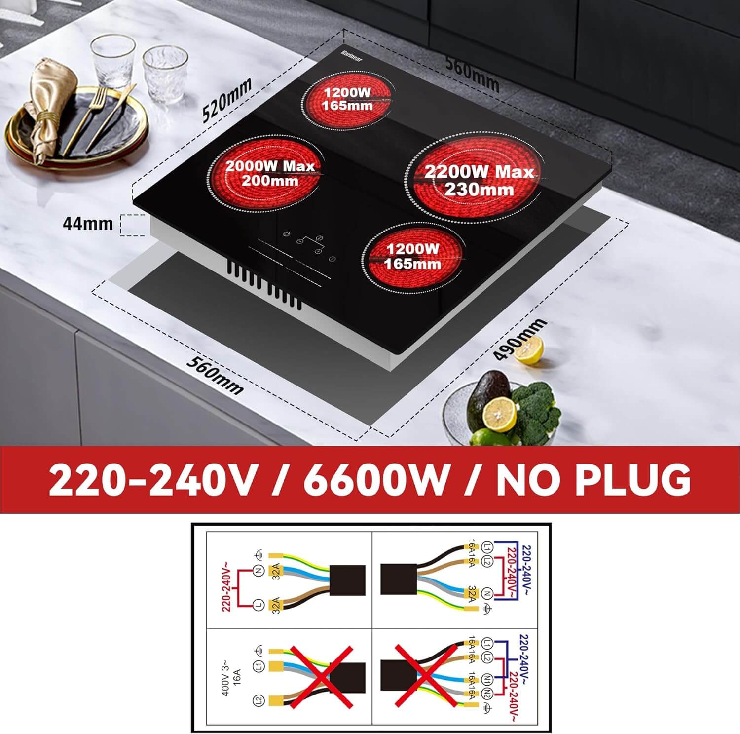 Karinear self-sufficient hob 60 cm with dual ring cooking zones, glass ceramic hob 4 plates, 6600W hob 4 hobs built-in with child safety lock, timer, touch control, 220-240V