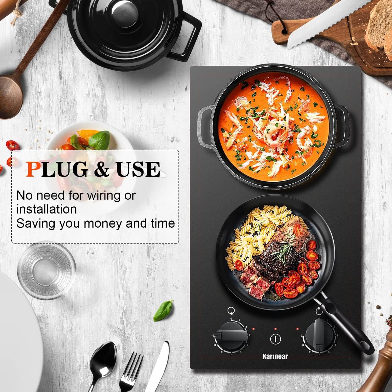 Karinear Induction Hob is designed with 4 independent heating zones that allow you can set each one separately using an independent touch key. 