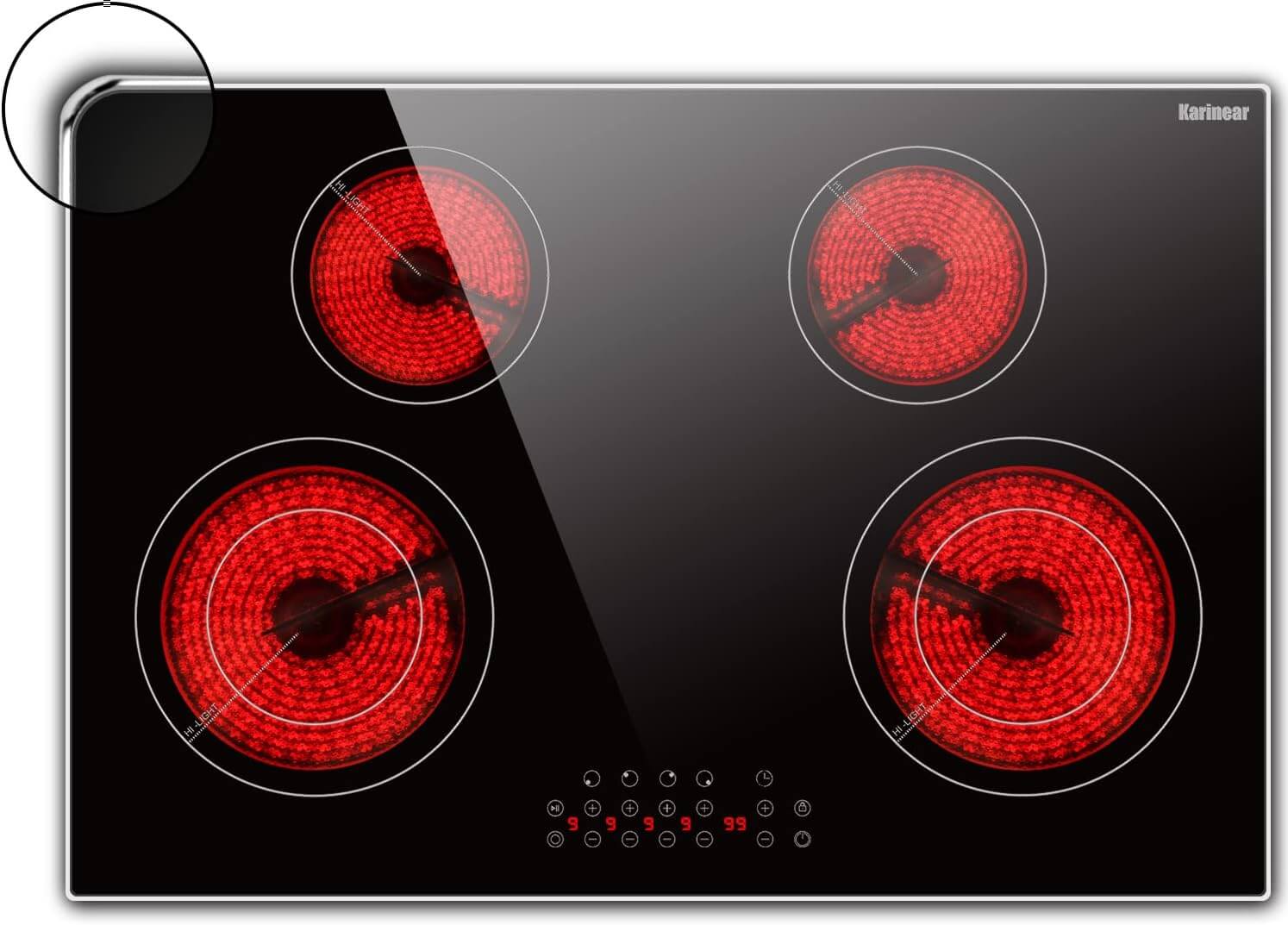 Karinear Electric Cooktop 30 Inch, 4 Burners 7100W Built-in Radiant Electric Stove Top, Ceramic Cooktop with Glass Protection Metal Frame, Kid Safety Lock, Timer, Pause,220-240v Hard Wire, No Plug