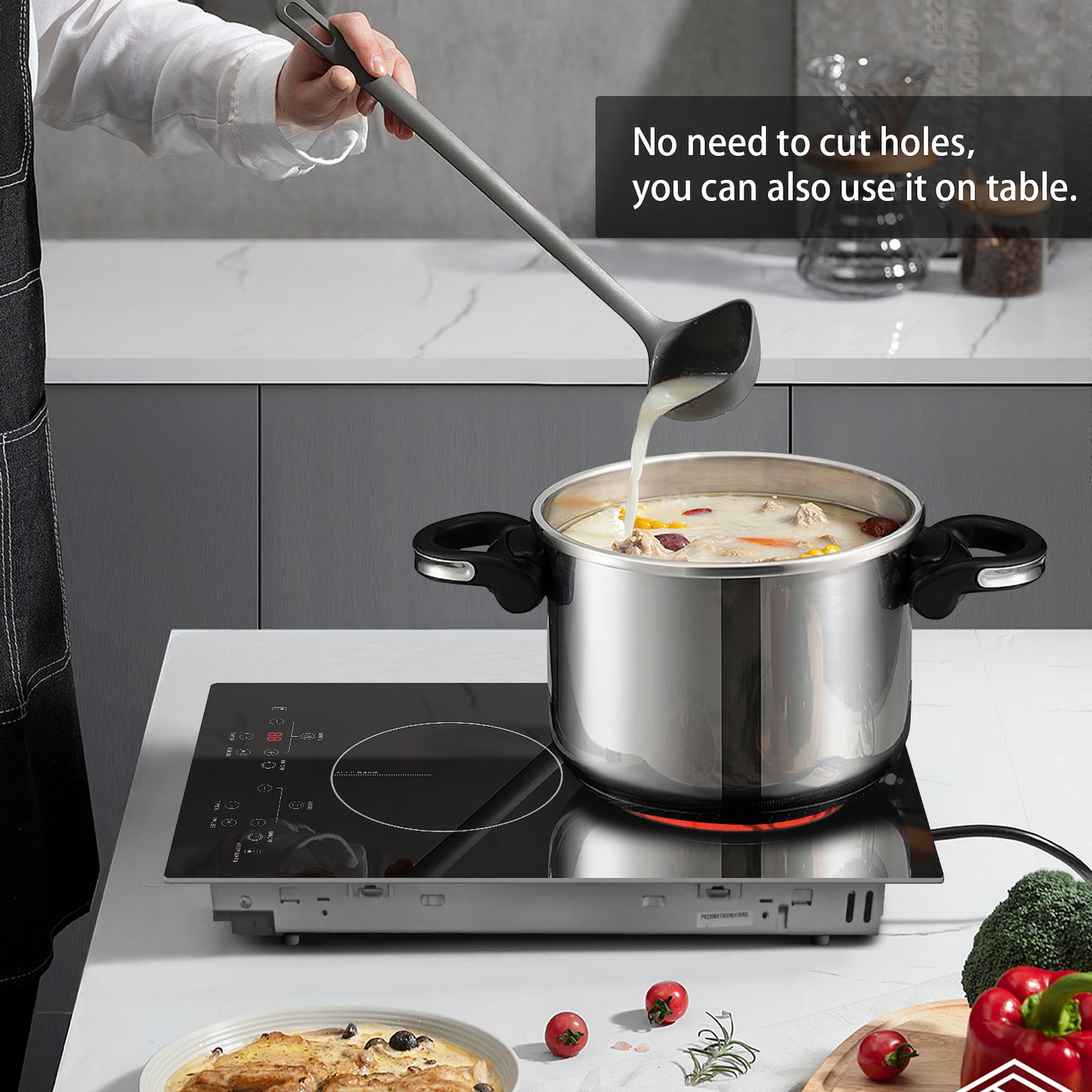 This 12 inch electric cooktop comes with a plug so you don't require an electrician to wire it. The plug in cooktop is suitable for 110-120v, which can be perfectly used in all American households. It's a built-in electric cooktop, but you can also use it on the countertop for it has 4 bottom brackets. Because it has plug and brackets, you can move it anywhere to use, very convenient.