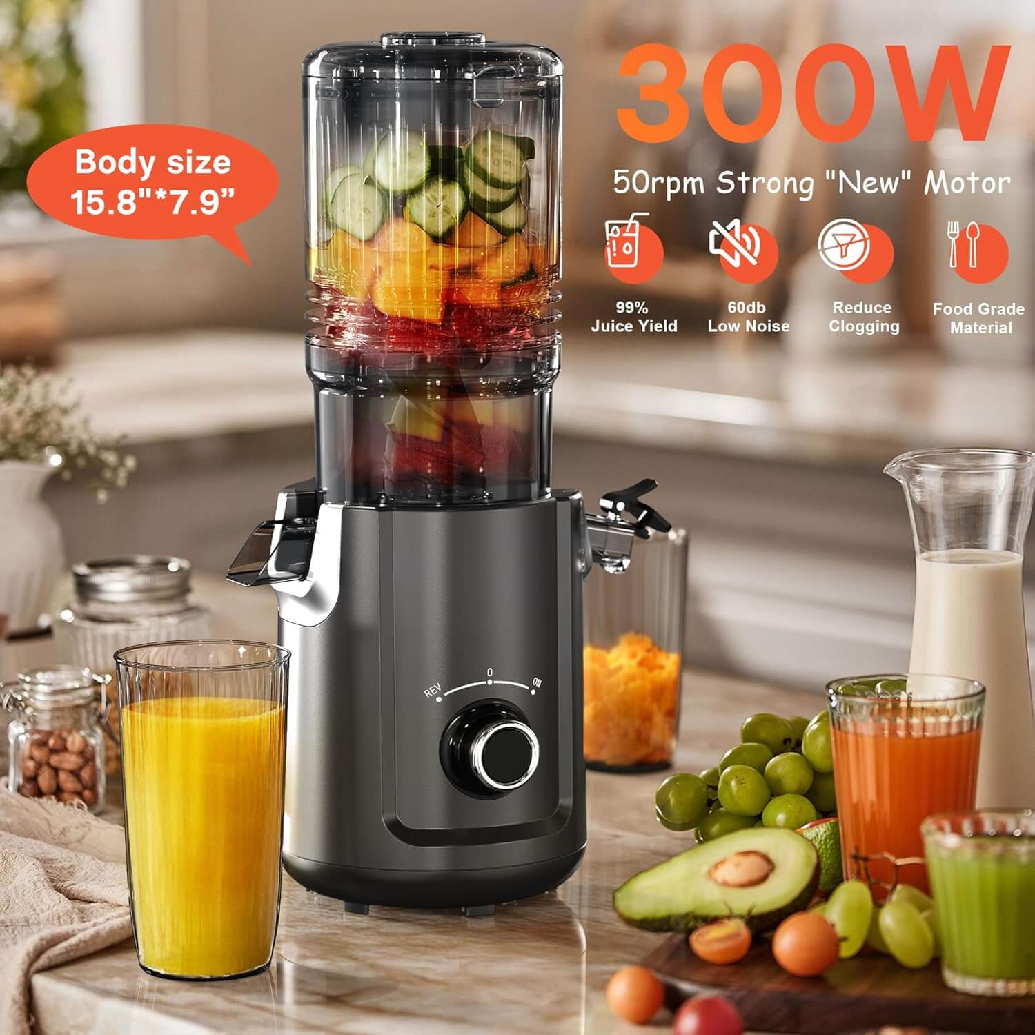 Karinear Masticating Juicer 5.3-Inch Large Feed Chute For Whole Vegetables and Fruits