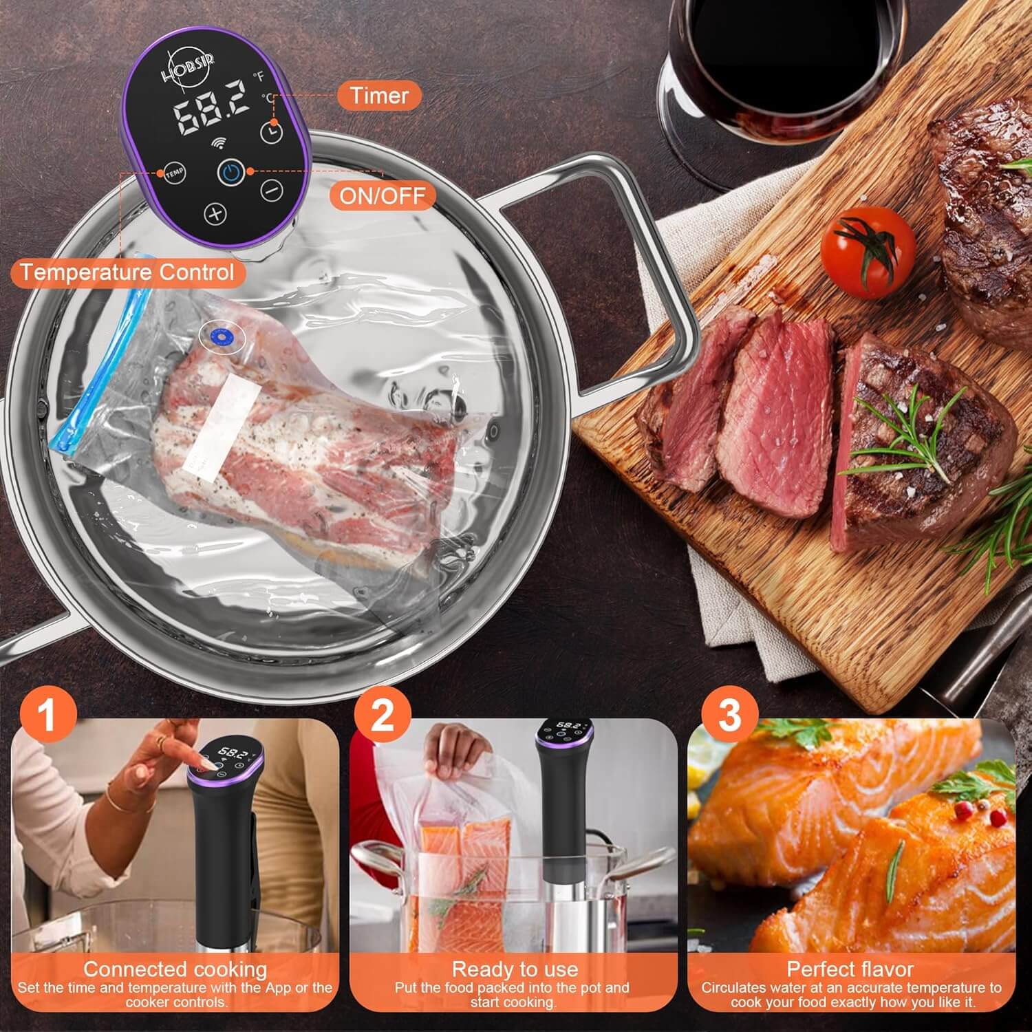 Karinear Sous Vide Machine Kit With 30 Seal Bags, Vacuum Pump, Magnets, LED, Wifi App Control