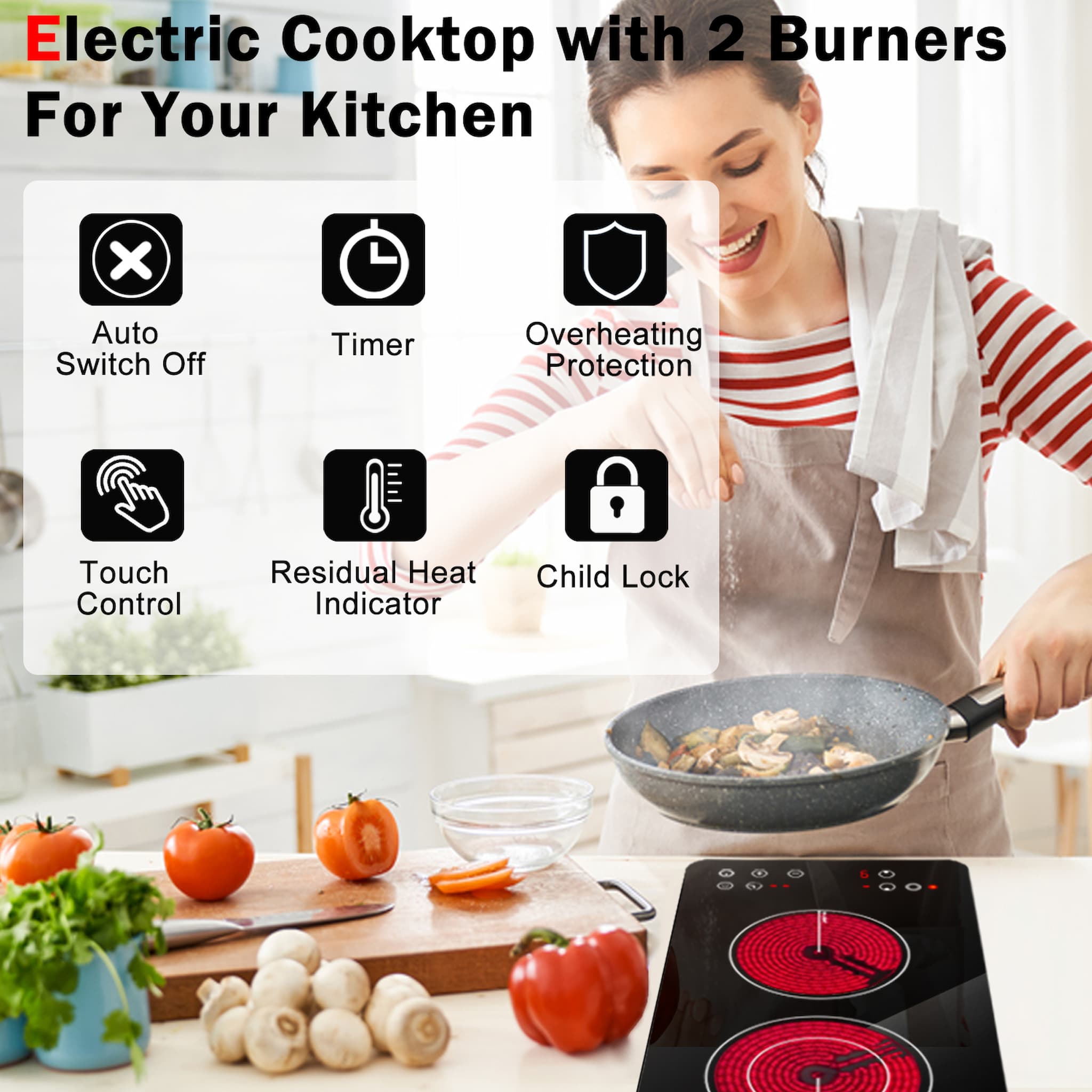 Karinear 2 Burner Electric Cooktop 12 Inch, Drop-in Electric Radiant Cooktop 220v - 240v with Child Safety Lock, Timer, Residual Heat Indicator, 3200W, Hard Wired, No Plug Electric Stove Top
